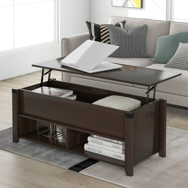 Kinsuite Lift Top Coffee Table with Hidden Compartment and Storage Shelf Modern Wood Rising Desk for Living Room Reception Room 